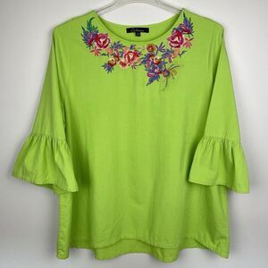 Calessa Embroidered Tunic Top Women Large Apple Green Bell Sleeves Boho Peasant
